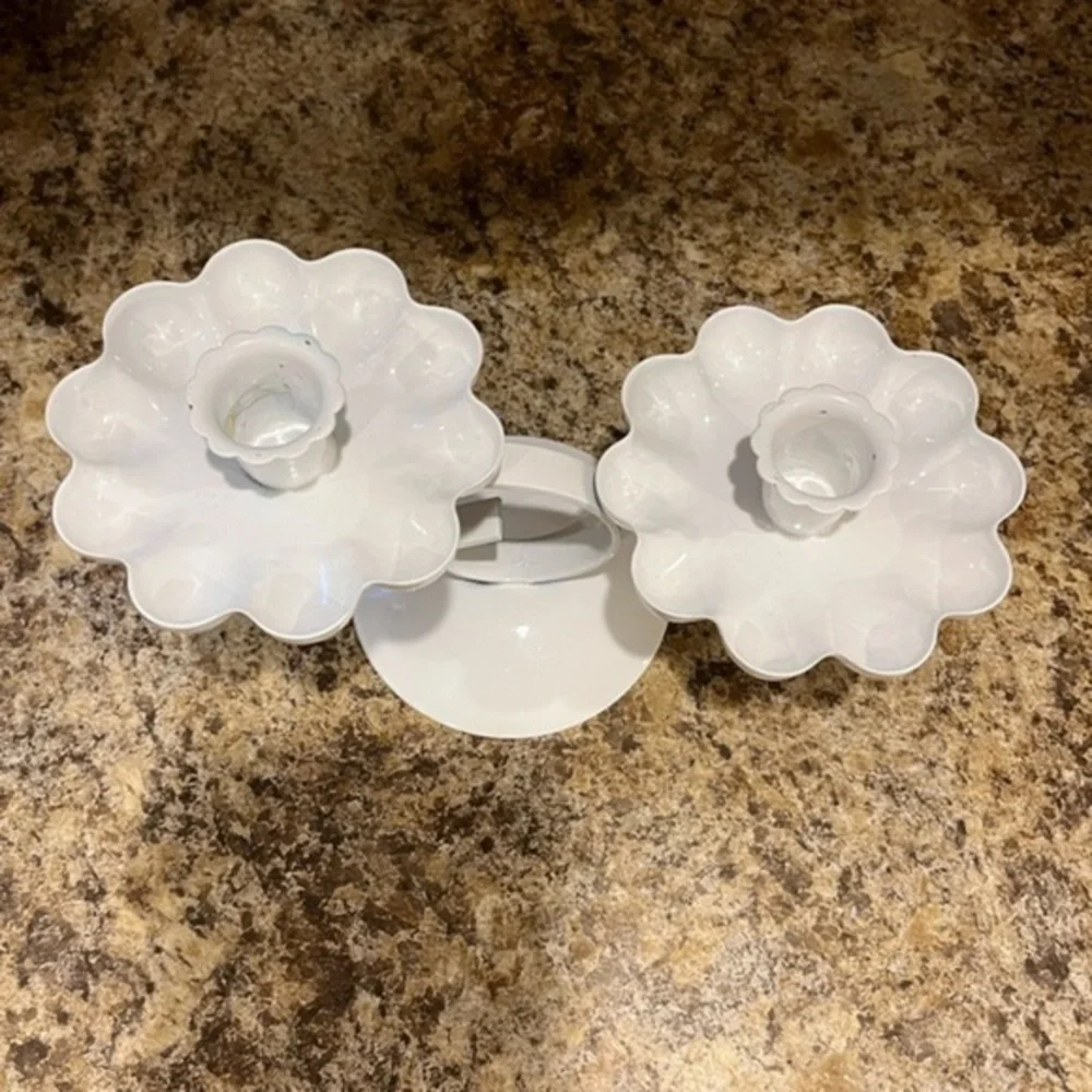 Vintage White Metal Double Candlestick Holder Tiered Flower Shaped